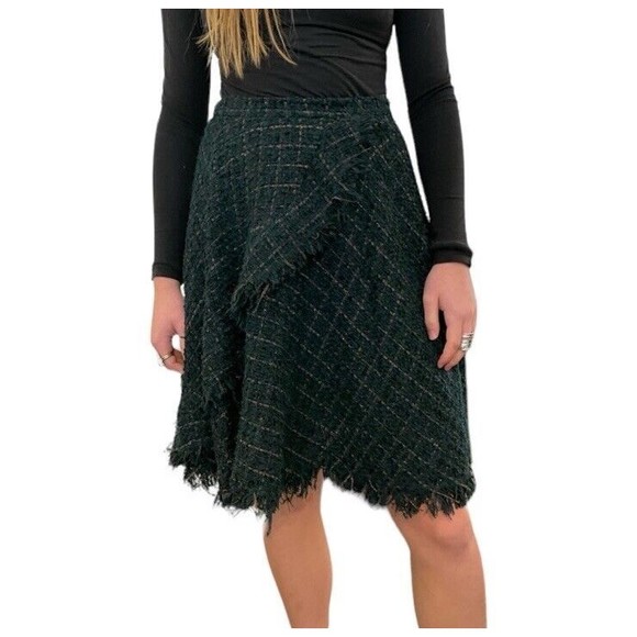 Anthropologie Eva Franco Fringed Tweed Skirt Womens Size 10 Green Plaid NEW TAGS - Picture 3 of 16